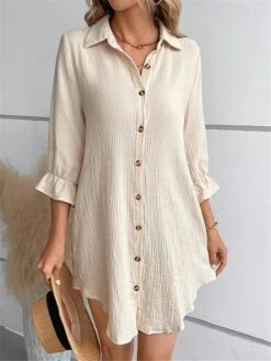 Women's Shirt Dress Casual Dress Mini Dress Outdoor Daily Vacation Cotton Linen Classic Modern Shirt Collar Ruffle Button 3/4 Length Sleeve Summer Spring 2023 Regular Fit Apricot Plain S M L XL 2XL
