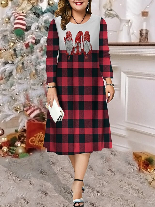 Women's Christmas Plus Size Curve Casual Dress Skater Dress A Line Dress Plaid Santa Claus Midi Dress Long Sleeve Print Crew Neck Fashion Outdoor Black Wine Fall Winter L XL XXL 3XL 4XL 2 Women's Christmas Plus Size Curve Casual Dress Skater Dress A Line Dress Plaid Santa Claus Midi Dress Long Sleeve Print Crew Neck Fashion Outdoor Black Wine Fall Winter L XL XXL 3XL 4XL - Image 2