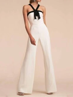 Women's Jumpsuit Backless High Waist Solid Color Halter Neck Streetwear Wedding Party Regular Fit Sleeveless White S M L Summer
