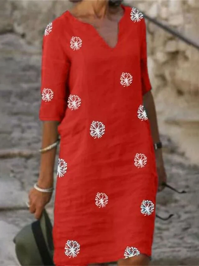 Women's Casual Dress Cotton Linen Dress Shift Dress Midi Dress Polyester Fashion Modern Outdoor Daily Vacation V Neck Print 3/4 Length Sleeve Summer Spring 2023 Loose Fit Yellow Red Green Flower S M 2 Women's Casual Dress Cotton Linen Dress Shift Dress Midi Dress Polyester Fashion Modern Outdoor Daily Vacation V Neck Print 3/4 Length Sleeve Summer Spring 2023 Loose Fit Yellow Red Green Flower S M - Image 2