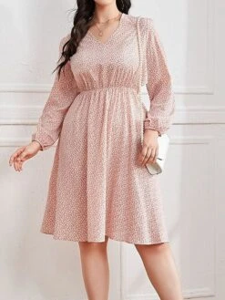 Women's Plus Size Curve Casual Dress Chiffon Dress A Line Dress Floral Midi Dress Long Sleeve Print V Neck Fashion Daily Pink Fall Winter L XL XXL 3XL 4XL