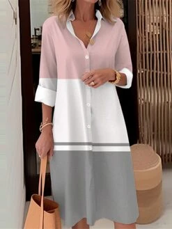 Women's Shirt Dress Casual Dress Midi Dress Outdoor Office Daily Polyester Fashion Modern Shirt Collar Button Pocket Long Sleeve Fall Winter 2023 Loose Fit Pink Blue Striped S M L XL 2XL -Cheap Plus Fit Dress Store qmrlak1693902576781