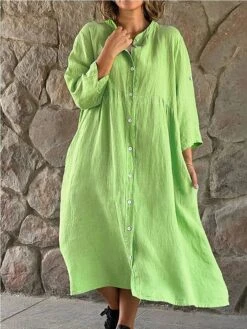 Women's Casual Dress Cotton Linen Dress Swing Dress Midi Dress Cotton Blend Basic Classic Outdoor Daily Vacation Stand Collar Button Pocket 3/4 Length Sleeve Summer Spring Autumn 2023 Loose Fit Black -Cheap Plus Fit Dress Store qmzpjv1687849120310