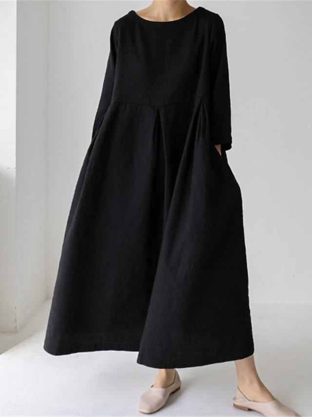 Women's Cotton Linen Dress Casual Dress Swing Dress Maxi Long Dress Cotton Blend Basic Classic Outdoor Daily Crew Neck Pocket Smocked Long Sleeve Summer Spring Fall 2023 Loose Fit Black Yellow Green 3 Women's Cotton Linen Dress Casual Dress Swing Dress Maxi Long Dress Cotton Blend Basic Classic Outdoor Daily Crew Neck Pocket Smocked Long Sleeve Summer Spring Fall 2023 Loose Fit Black Yellow Green - Image 3
