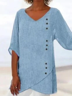 Women's Shirt Blouse Black Pink Blue Plain Asymmetric Half Sleeve Casual Basic V Neck Regular Fit