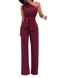 Women Party Jumpsuit Backless Lace Up Solid Color One Shoulder Elegant Party Street Regular Fit Sleeveless Green Blue White S M L Spring -Cheap Plus Fit Dress Store qnorvb1650427002842