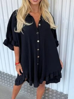 Women's Shirt Dress Casual Dress Mini Dress Outdoor Daily Vacation Polyester Fashion Modern Shirt Collar Ruffle Button Half Sleeve Summer Spring Fall 2023 Regular Fit ArmyGreen Black White Plain S M -Cheap Plus Fit Dress Store qocewx1689924399965