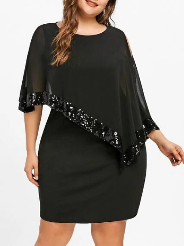 Women‘s Plus Size Curve Party Dress Solid Color Crew Neck Sequins Sleeveless Spring Fall Elegant Midi Dress Party Work Dress 3 Women‘s Plus Size Curve Party Dress Solid Color Crew Neck Sequins Sleeveless Spring Fall Elegant Midi Dress Party Work Dress - Image 3