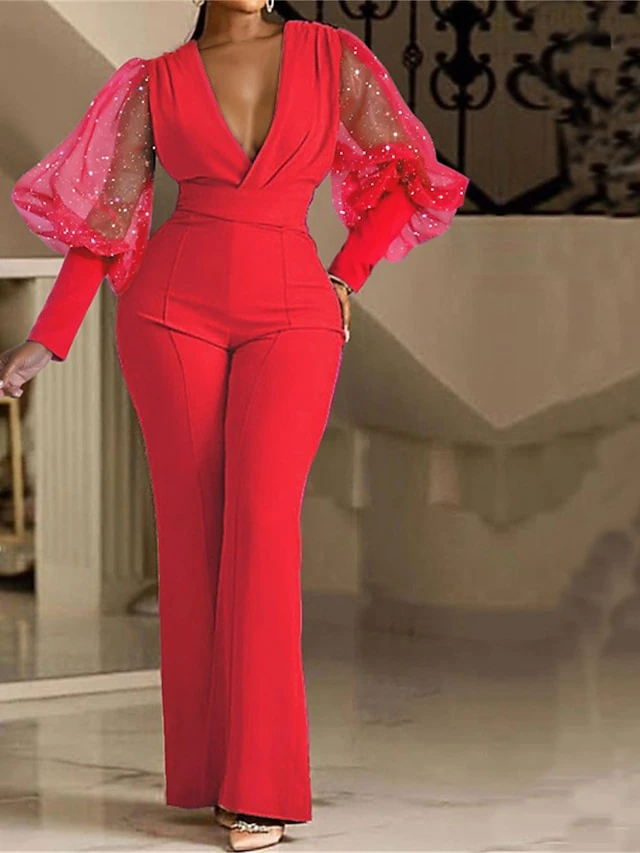 Women's Jumpsuit High Waist Solid Color V Neck Streetwear Wedding Party Regular Fit Long Sleeve Red Blue Fuchsia S M L Spring 2 Women's Jumpsuit High Waist Solid Color V Neck Streetwear Wedding Party Regular Fit Long Sleeve Red Blue Fuchsia S M L Spring - Image 2