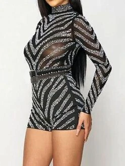 Women's Romper Mesh Beaded Solid Color Stand Collar Active Street Going Out Regular Fit Long Sleeve Black S M L Fall 17 Women's Romper Mesh Beaded Solid Color Stand Collar Active Street Going Out Regular Fit Long Sleeve Black S M L Fall -Cheap Plus Fit Dress Store qoztyb1693983781545