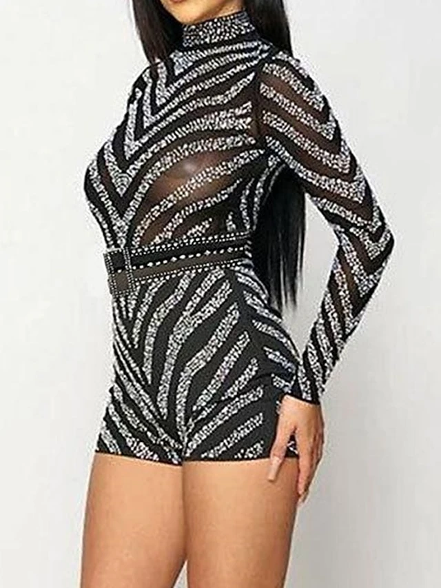 Women's Romper Mesh Beaded Solid Color Stand Collar Active Street Going Out Regular Fit Long Sleeve Black S M L Fall 3 Women's Romper Mesh Beaded Solid Color Stand Collar Active Street Going Out Regular Fit Long Sleeve Black S M L Fall - Image 3