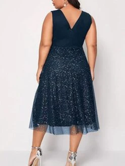 Women‘s Plus Size Curve Party Dress Solid Color V Neck Mesh Sleeveless Spring Fall Elegant Sexy Sequins Prom Dress Midi Dress Formal Party Dress Sequin Dress Homecoming Dress Print -Cheap Plus Fit Dress Store qpavag1627636580211
