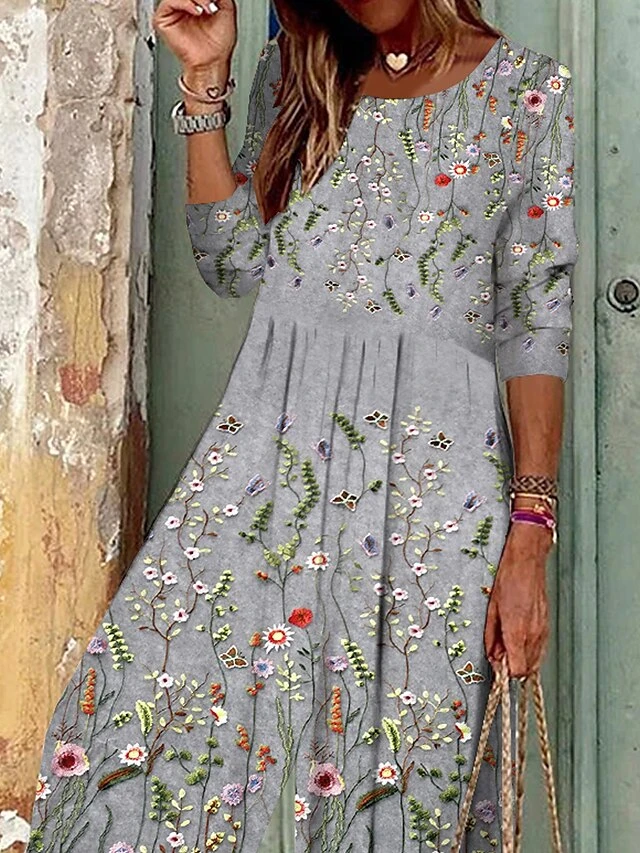 Women's Jumpsuit Print Floral Round Neck Boho Vacation Wide Leg Regular Fit Long Sleeve Light Grey S M L All Seasons 2 Women's Jumpsuit Print Floral Round Neck Boho Vacation Wide Leg Regular Fit Long Sleeve Light Grey S M L All Seasons - Image 2
