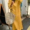 Women's Casual Dress Cotton Linen Dress Shift Dress Midi Dress Linen / Cotton Blend Fashion Classic Outdoor Daily Vacation Crew Neck Pocket Long Sleeve Fall Winter Autumn 2023 Loose Fit Black Yellow