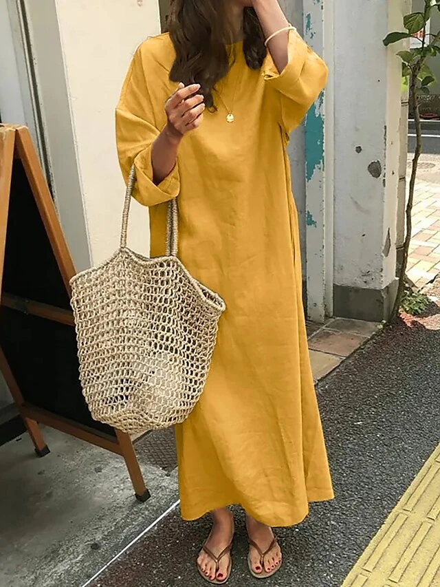 Women's Casual Dress Cotton Linen Dress Shift Dress Midi Dress Linen / Cotton Blend Fashion Classic Outdoor Daily Vacation Crew Neck Pocket Long Sleeve Fall Winter Autumn 2023 Loose Fit Black Yellow 1 Women's Casual Dress Cotton Linen Dress Shift Dress Midi Dress Linen / Cotton Blend Fashion Classic Outdoor Daily Vacation Crew Neck Pocket Long Sleeve Fall Winter Autumn 2023 Loose Fit Black Yellow