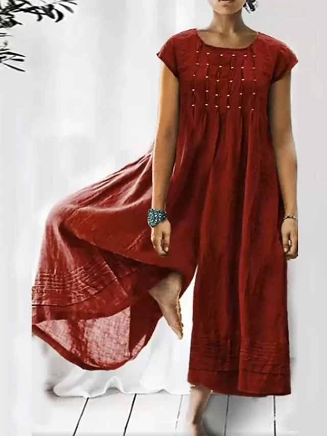 Women's Jumpsuits Casual Summer Patchwork Solid Color Crew Neck Streetwear Daily Vacation Loose Fit Short Sleeve Black Yellow Red S M L Spring 4 Women's Jumpsuits Casual Summer Patchwork Solid Color Crew Neck Streetwear Daily Vacation Loose Fit Short Sleeve Black Yellow Red S M L Spring - Image 4