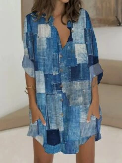 Women's Shirt Dress Casual Dress Shift Dress Mini Dress Outdoor Date Vacation Polyester Fashion Modern V Neck Button Pocket 3/4 Length Sleeve Summer Spring 2023 Regular Fit Blue Geometric Color Block