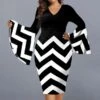Women‘s Plus Size Curve Party Dress Geometry V Neck Split Long Sleeve Fall Winter Casual Prom Dress Knee Length Dress Casual Daily DressPrint