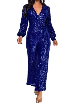 Women's Jumpsuit Lace Up Patchwork Solid Color V Neck Streetwear Party Street Regular Fit Long Sleeve Claret Champagne Gold Silver White S M L Fall -Cheap Plus Fit Dress Store qsivel1697766352596