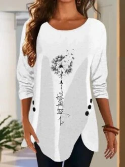 Women's T Shirt Tee Tunic Black White Dandelion Button Print Long Sleeve Casual Weekend Tunic Basic Round Neck Regular Fit Floral Painting Fall & Winter