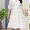 Women‘s Plus Size Curve Party Dress Lace Dress White Dress Solid Color Midi Dress Half Sleeve Lace V Neck Fashion Party White Red Summer Spring XL XXL 3XL 4XL 5XL