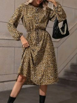 Women's Shirt Dress Casual Dress Midi Dress Outdoor Daily Date Polyester Basic Classic Shirt Collar Lace Up Button Long Sleeve Spring Fall Winter 2023 Loose Fit Khaki Polka Dot S M L XL