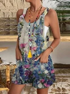 Women's Overall Pocket Print Print U Neck Holiday Daily Vacation Straight Regular Fit Sleeveless Sleeveless White Yellow Pink S M L Summer