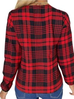 Women's Shirt Blouse Red Blue Purple Plaid Button Print Long Sleeve Office Work Business Streetwear V Neck Regular Fit Spring Fall