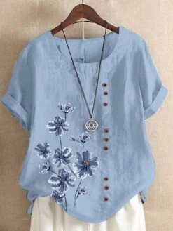 Women's Shirt Blouse White Pink Navy Blue Floral Button Print Short Sleeve Casual Holiday Basic Round Neck Regular Fit Floral -Cheap Plus Fit Dress Store quqvjj1690196185585