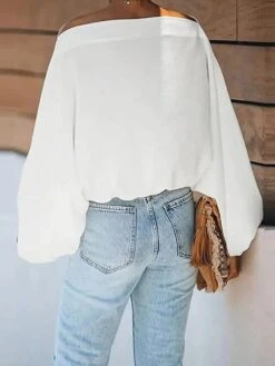 Women's Shirt Blouse White Gold Letter Portrait Off Shoulder Print Long Sleeve Casual Basic Off Shoulder Regular Fit Portrait -Cheap Plus Fit Dress Store qusvrd1692790563580