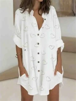 Women's Shirt Dress Casual Dress Shift Dress Mini Dress Outdoor Daily Vacation Polyester Fashion Casual Stand Collar Button Pocket Long Sleeve Summer Spring Fall 2023 Regular Fit White Pink Butterfly