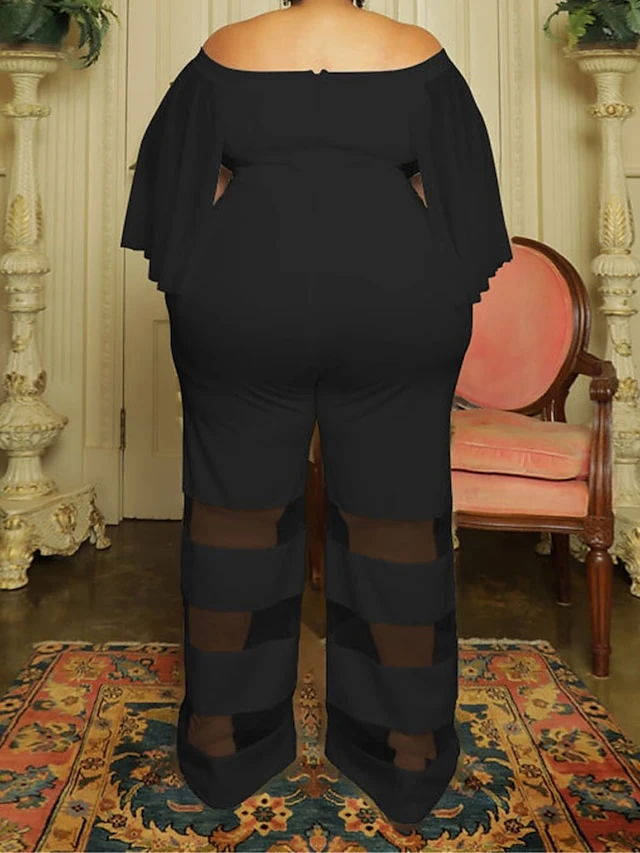 Women's Jumpsuit Mesh Patchwork Solid Color Off Shoulder Elegant Party Office Regular Fit 3/4 Length Sleeve Black Red Blue XL XXL 3XL Summer 10 Women's Jumpsuit Mesh Patchwork Solid Color Off Shoulder Elegant Party Office Regular Fit 3/4 Length Sleeve Black Red Blue XL XXL 3XL Summer - Image 10