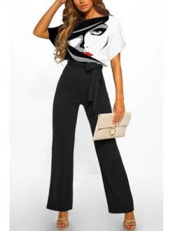 Women's Jumpsuit Belted Color Block Crew Neck Elegant Wedding Party Wide Leg Regular Fit Short Sleeve Batwing Sleeve Black White Red S M L Summer