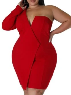 Women‘s Plus Size Curve Party Dress Solid Color One Shoulder Long Sleeve Fall Winter Formal Knee Length Dress Party Date Dress