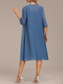 Women's Two Piece Dress Set Party Dress Chiffon Dress Party Wedding Guest Fashion Elegant Ruffle Midi Dress Crew Neck 3/4 Length Sleeve Plain Loose Fit Blue Fall Winter S M L XL XXL -Cheap Plus Fit Dress Store qwonld1696604914895