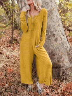 Women's Jumpsuit Button Pocket Solid Color Crew Neck Streetwear Street Daily Regular Fit Long Sleeve Black Yellow Fuchsia S M L Fall -Cheap Plus Fit Dress Store qwrgya1692269095078