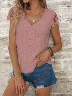 Women's Shirt Blouse Pale Pinkish Gray Black White Plain Lace Button Short Sleeve Casual Basic V Neck Regular Fit -Cheap Plus Fit Dress Store qwxsyy1681904306291
