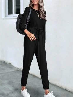 Women's Jumpsuit Drawstring Solid Color Crew Neck Streetwear Street Daily Regular Fit 3/4 Length Sleeve Black Red S M L Fall -Cheap Plus Fit Dress Store qxcyxe1690941133933