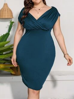 Women‘s Plus Size Curve Work Dress Sheath Dress Semi Formal Dress Fashion Midi Dress Ruched V Neck Short Sleeve Plain Regular Fit Black Red Blue Summer Spring L XL XXL 3XL 4XL -Cheap Plus Fit Dress Store qxqedt1691398212808