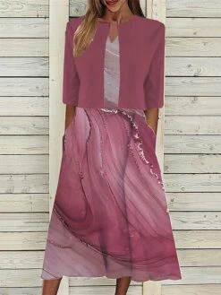 Women's Two Piece Dress Set Casual Dress Tank Dress Outdoor Daily Fashion Streetwear Pocket Print Midi Dress V Neck 3/4 Length Sleeve Floral Regular Fit Yellow Blue Fuchsia Summer Spring S M L XL XXL -Cheap Plus Fit Dress Store qxvztq1689736397905