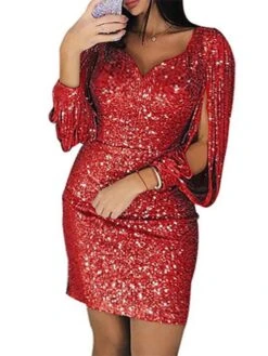Women‘s Plus Size Curve Party Dress Solid Color V Neck Sequins Long Sleeve Fall Spring Formal Casual Sequins Short Mini Dress Casual Daily Dress Cotton Sequin Dress Homecoming Dress -Cheap Plus Fit Dress Store qyggke1645172204692