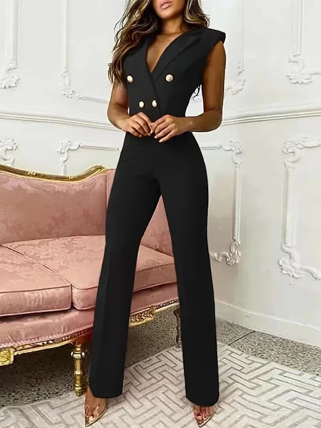 Women's Jumpsuit Zipper Button Front Solid Color Shirt Collar Business Evening Party Work Elegant Straight Regular Fit Sleeveless Blue Black Red S M L Summer 2 Women's Jumpsuit Zipper Button Front Solid Color Shirt Collar Business Evening Party Work Elegant Straight Regular Fit Sleeveless Blue Black Red S M L Summer - Image 2