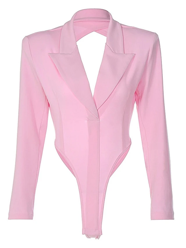 Women's Bodysuit Backless High Waist Solid Color Shirt Collar Streetwear Daily Going Out Regular Fit Long Sleeve Pink S M L Fall 4 Women's Bodysuit Backless High Waist Solid Color Shirt Collar Streetwear Daily Going Out Regular Fit Long Sleeve Pink S M L Fall - Image 4