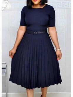 Women‘s Plus Size Curve Party Dress Solid Color Crew Neck Ruched Short Sleeve Spring Fall Work Formal Prom Dress Knee Length Dress Party Work Dress Loose Fit -Cheap Plus Fit Dress Store qyosap1620625706359