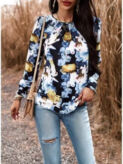 Women's Shirt Blouse Black Red Blue Graphic Floral Print Long Sleeve Casual Holiday Fashion Round Neck Regular Fit Floral Spring &Fall -Cheap Plus Fit Dress Store qywner1694084757823