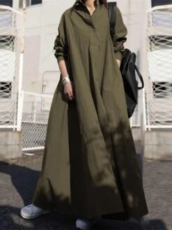 Women's Plus Size Curve Casual Dress Swing Dress Solid Color Long Dress Maxi Dress Long Sleeve Ruched V Neck Fashion Outdoor ArmyGreen Black Fall Winter L XL XXL 3XL 4XL -Cheap Plus Fit Dress Store qzahri1693970748099