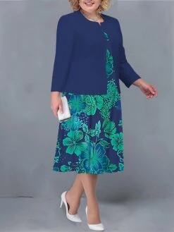 Women's Plus Size Curve Two Piece Dress Set Casual Dress Print Dress Outdoor Office Fashion Streetwear Print Midi Dress Crew Neck Long Sleeve Floral White Yellow Navy Blue Fall Winter L XL XXL -Cheap Plus Fit Dress Store qzboqs1692945579925