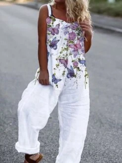 Women's Overall Button Pocket Floral U Neck Holiday Daily Vacation Straight Regular Fit Sleeveless Sleeveless White S M L Summer