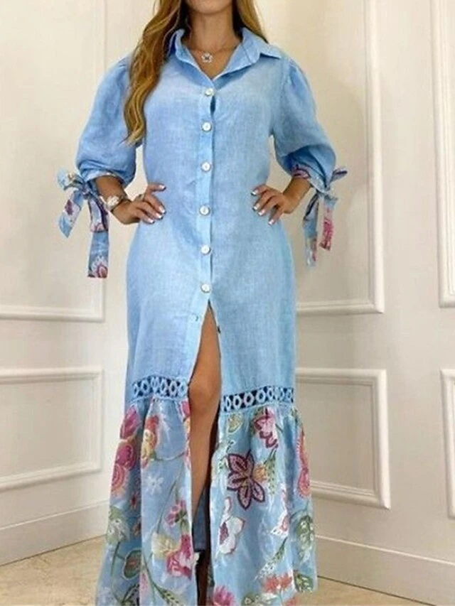 Women's Shirt Dress Casual Dress Maxi Long Dress Outdoor Daily Vacation Polyester Fashion Romantic Shirt Collar Lace Button 3/4 Length Sleeve Fall Winter 2023 Loose Fit White Yellow Pink Flower S M L 2 Women's Shirt Dress Casual Dress Maxi Long Dress Outdoor Daily Vacation Polyester Fashion Romantic Shirt Collar Lace Button 3/4 Length Sleeve Fall Winter 2023 Loose Fit White Yellow Pink Flower S M L - Image 2