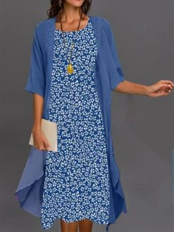 Women's Two Piece Dress Set Casual Dress Floral Dress Outdoor Daily Fashion Elegant Print Midi Dress Crew Neck 3/4 Length Sleeve Floral Regular Fit White Pink Blue Summer Spring S M L XL XXL -Cheap Plus Fit Dress Store qzravc1683187004504